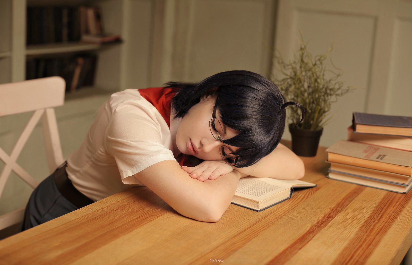 Why look after the library when you can sleep in it? - My, Visual novel, Endless summer, Cosplay, Russian cosplay, Zhenya, Semyon, , Workers' Children, Longpost