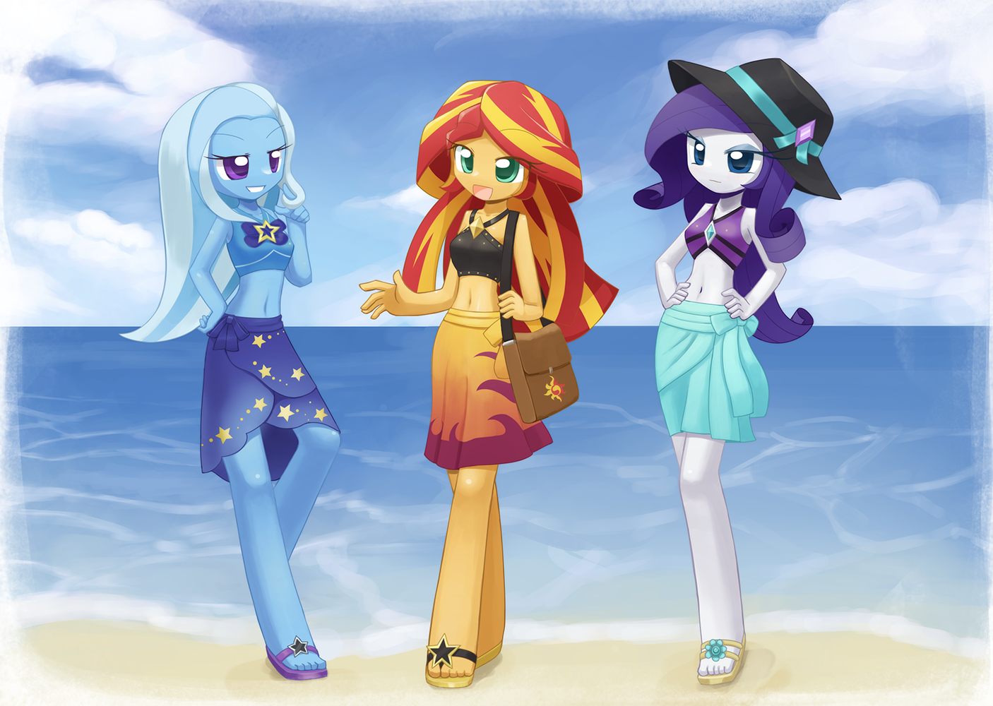 On the beach - My little pony, Equestria girls, Trixie, Sunset shimmer, Rarity, Howxu