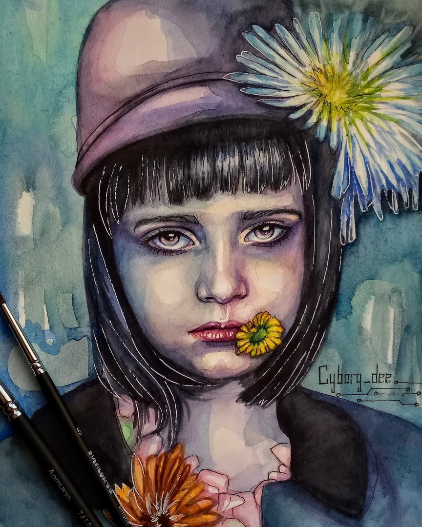 Purple hat. - My, Drawing, Watercolor, Portrait, Art, Illustrations, Flowers, Girl, Hat