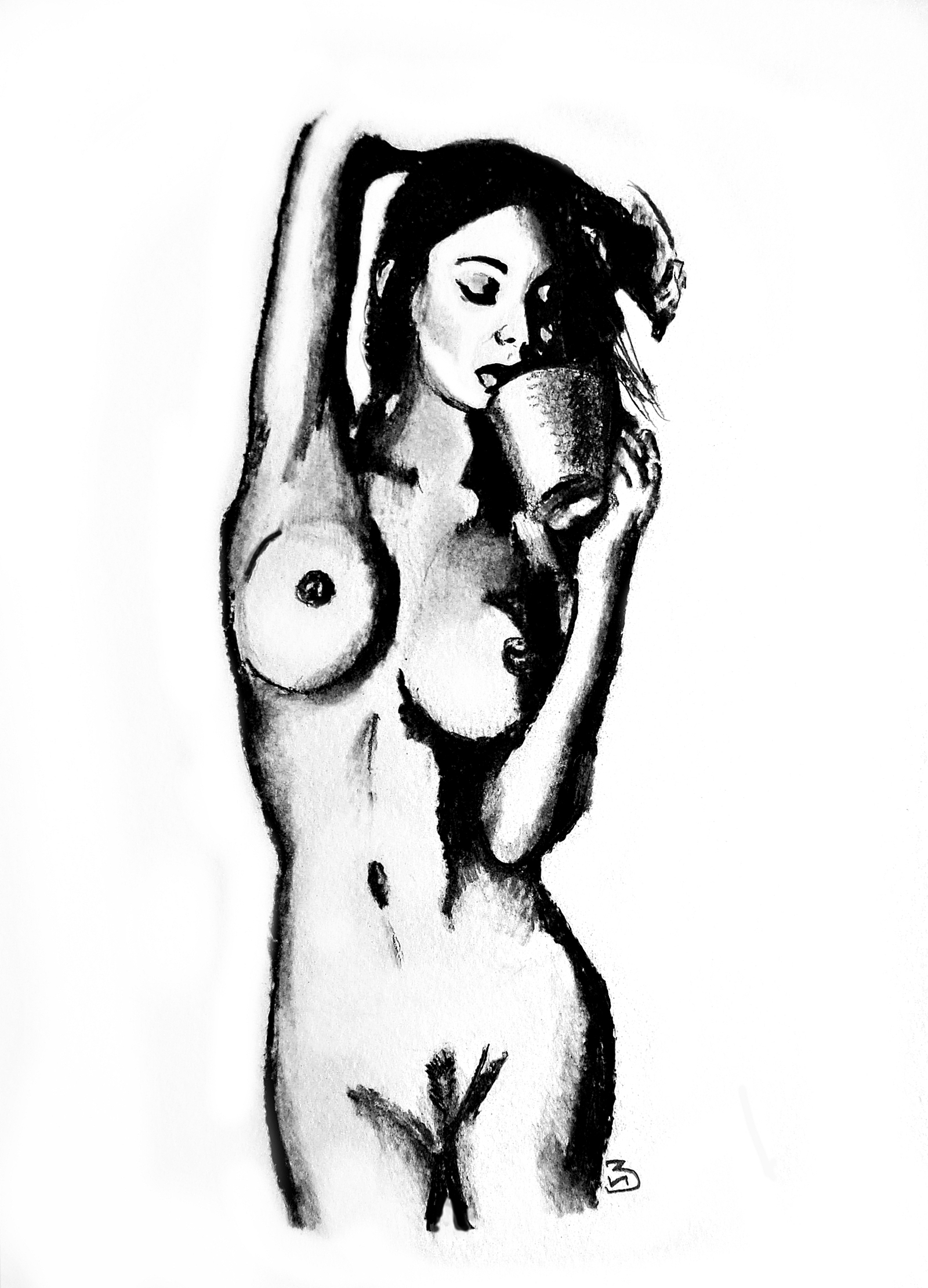 Morning - NSFW, My, Drawing, Girls, Art, Pencil drawing, Charcoal drawing, Strawberry