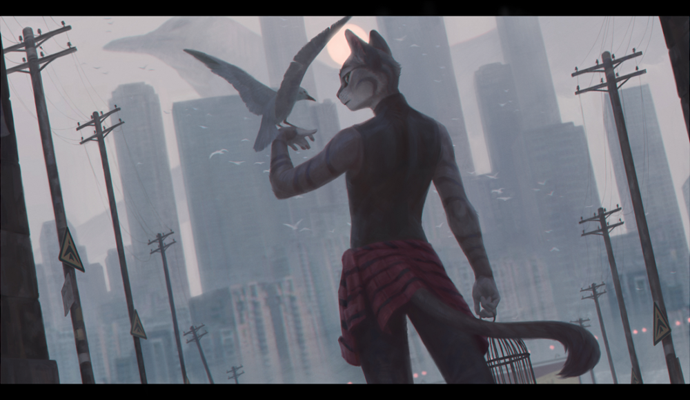 The city on the other side - Terry Grimm, Furry, Art, Birds, Town, cat