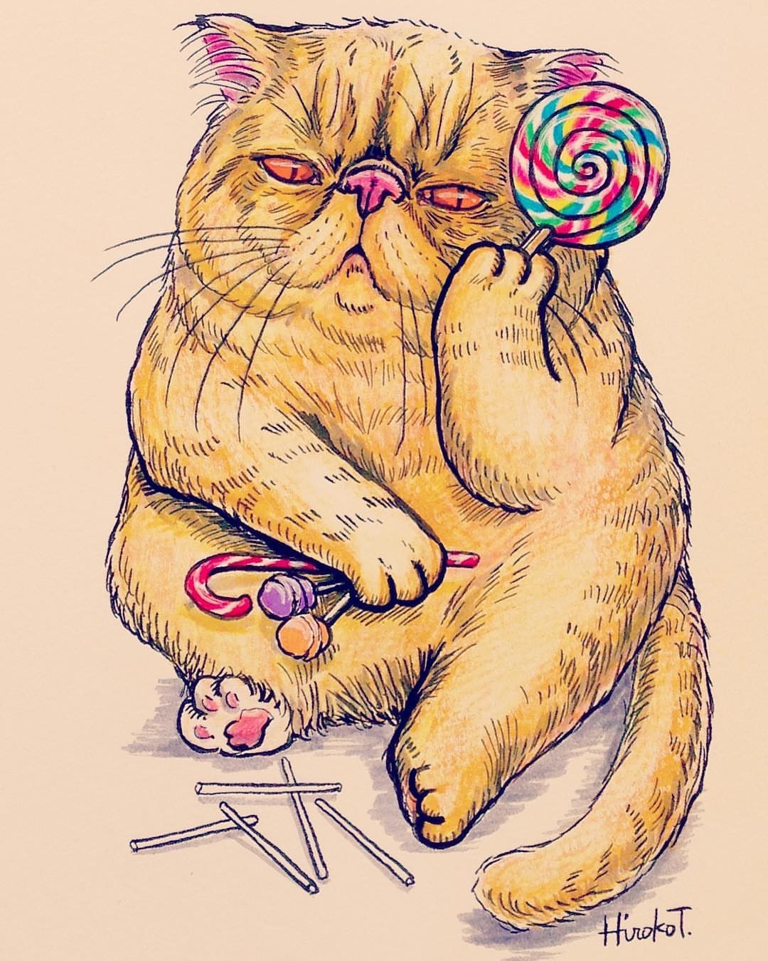 Gorgeous cats by Hiroko Tanaka - cat, Illustrations, Drawing, Animals, Portrait, Sketchbook, Longpost