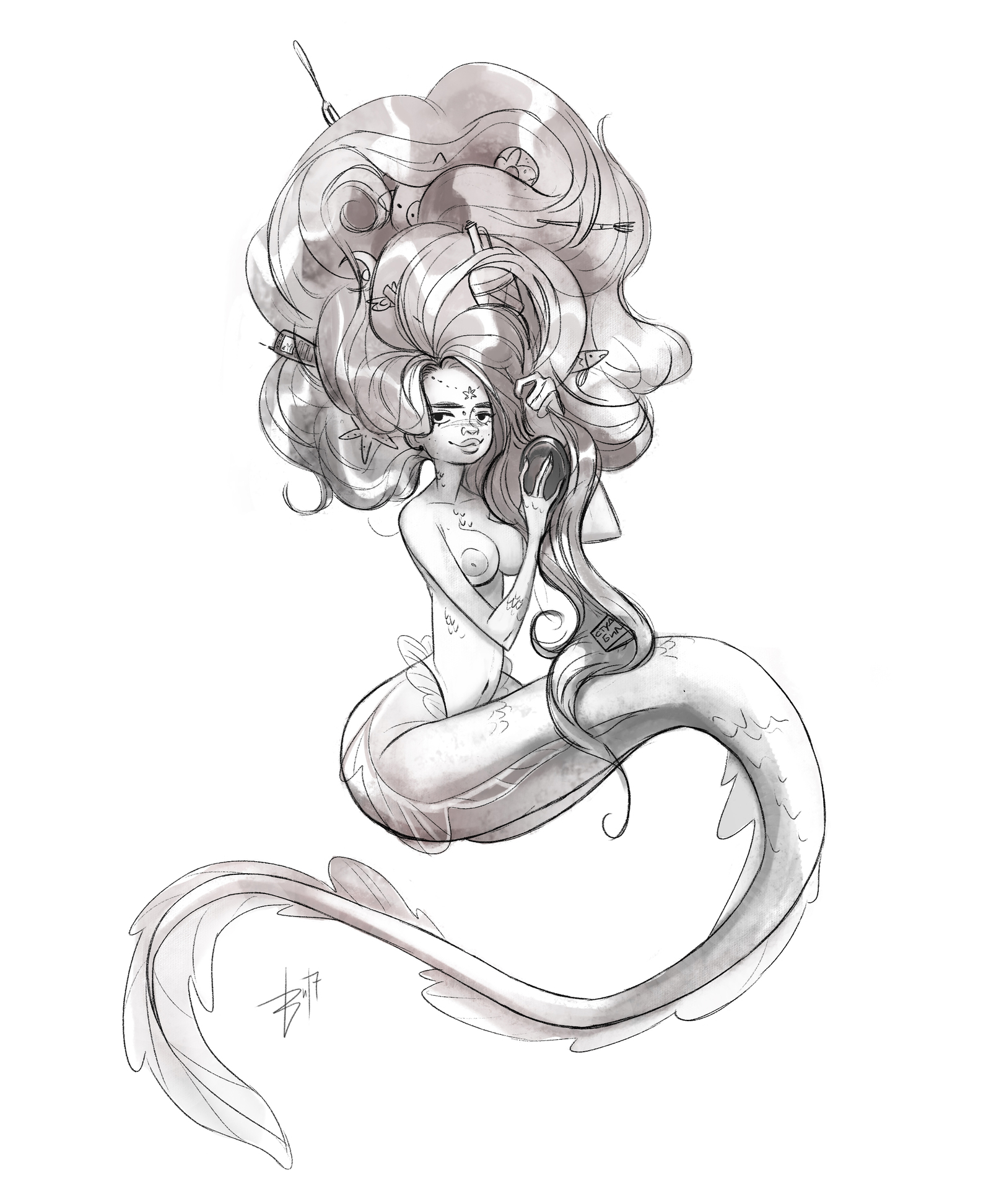 Last year's mermaids. - NSFW, My, Longpost, Mermaid, Art, , Illustrations, Sketch, Digital drawing, Mermay