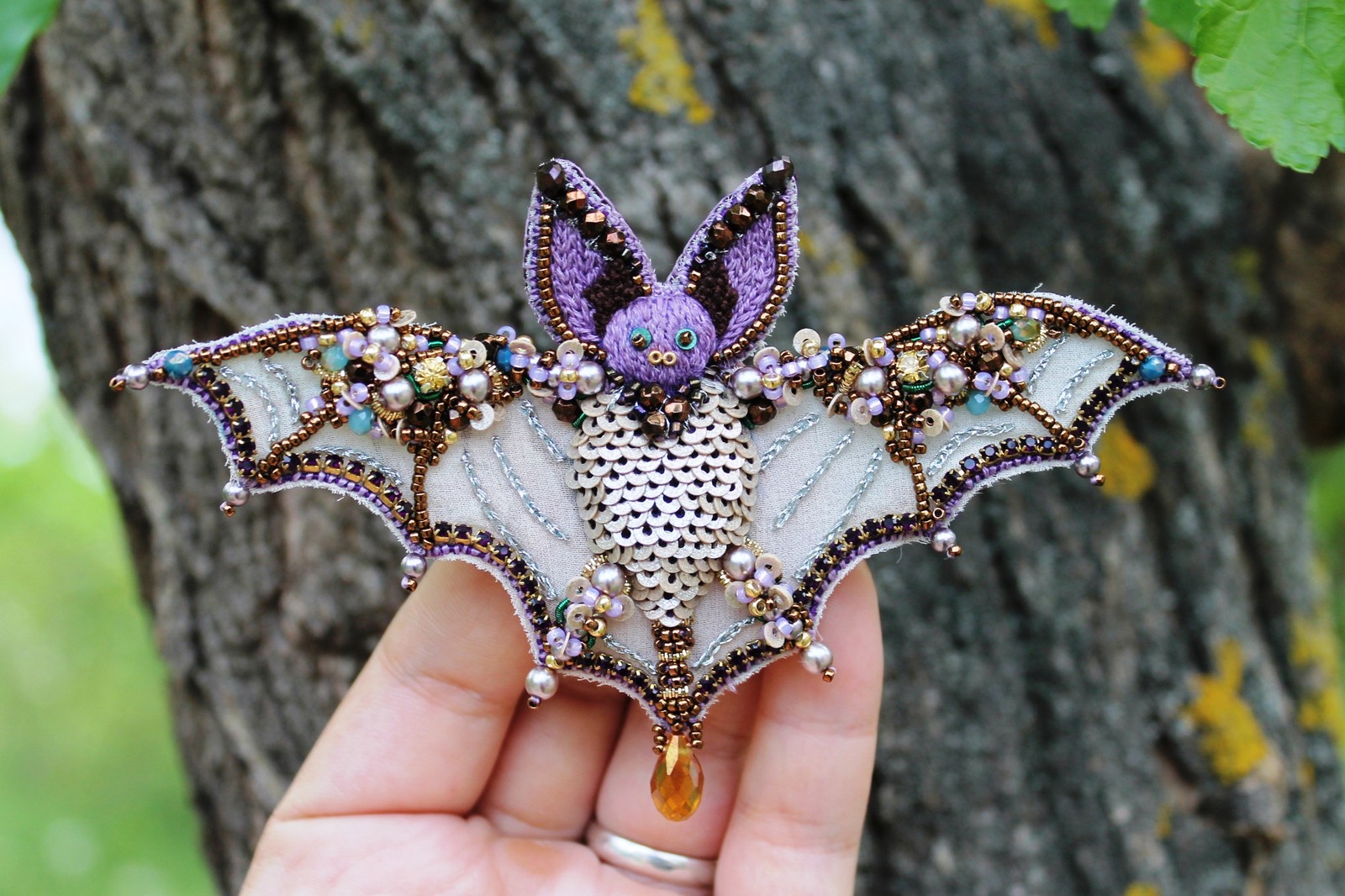 Bat - My, Needlework without process, Embroidery, Beads, Wings, Bat, Hikupta, Brooch