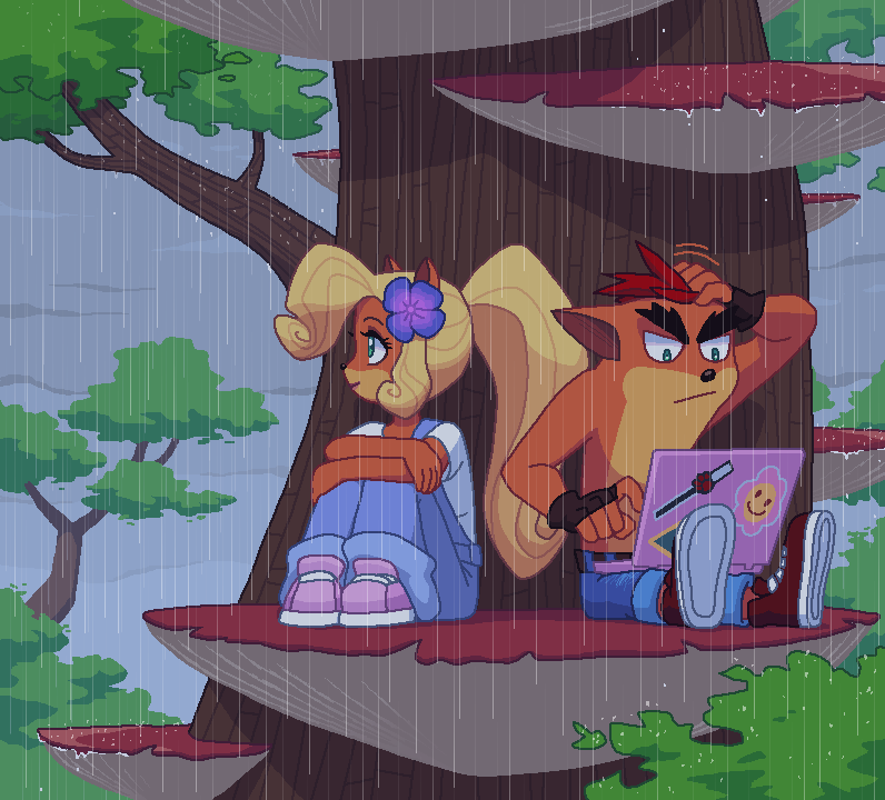 Shelter from the rain - Crash Bandicoot, Coco Bandicoot, Games, Art, Kempferzero