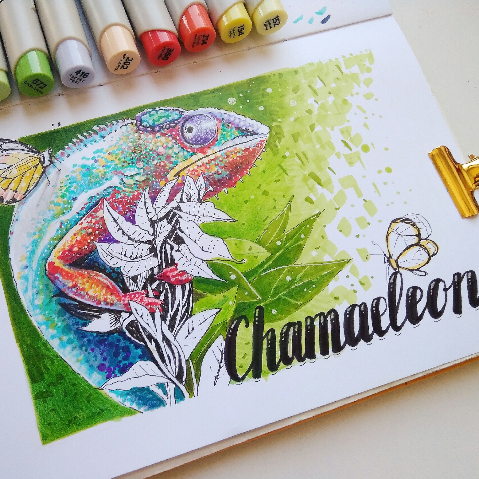 Chameleon. - My, Marker, Chameleon, Reptiles, Drawing, Sketch, Graphics, Liner, Longpost, Butterfly