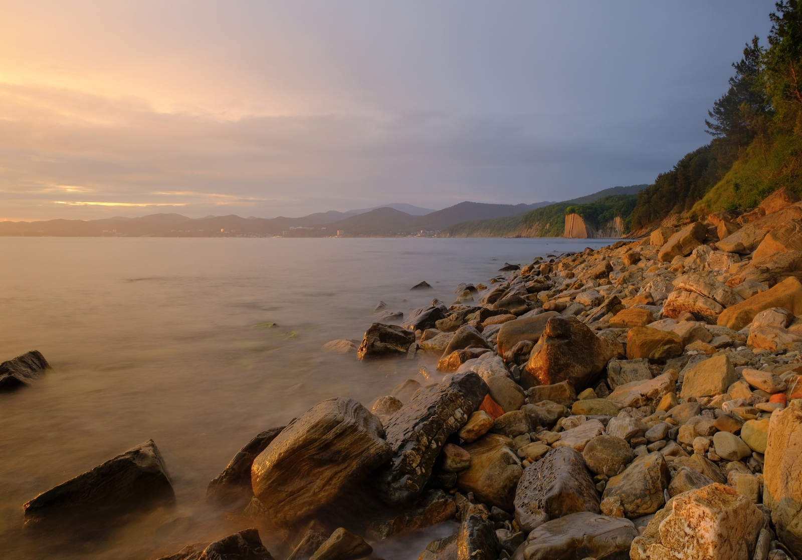 Waves and stones - My, Landscape, Sea, Black Sea, Long exposure, Wave, Sunset, 