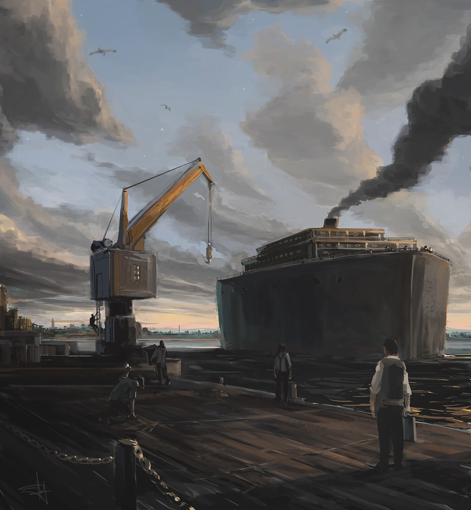 Evening departure - My, Drawing, Digital drawing, Port, Ship, Evening, Illustrations, Sky, Pier