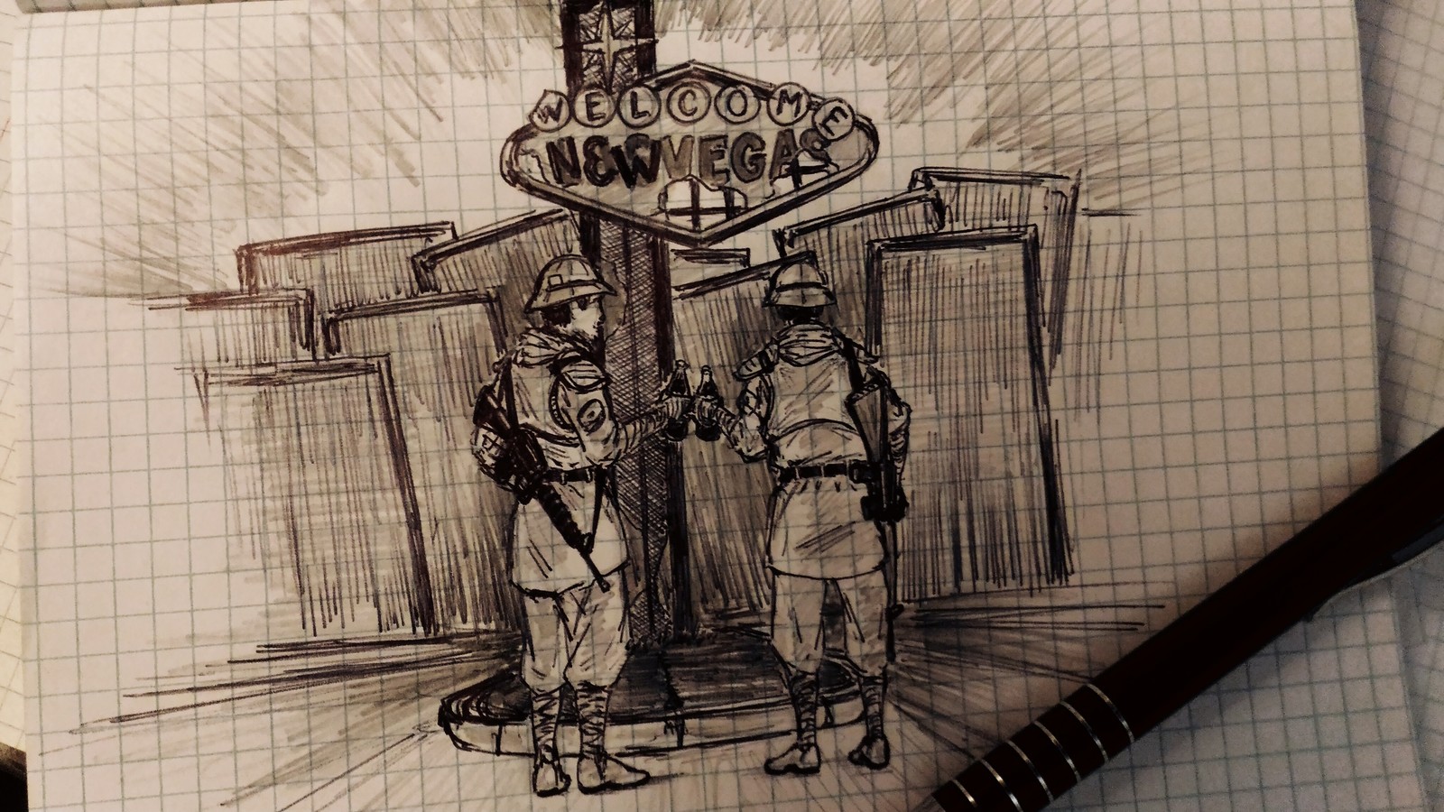 Evening patrol near New Vegas - My, Fallout, Fallout: New Vegas, Ncr, Sketch, Graphics, Art, Weapon, Games