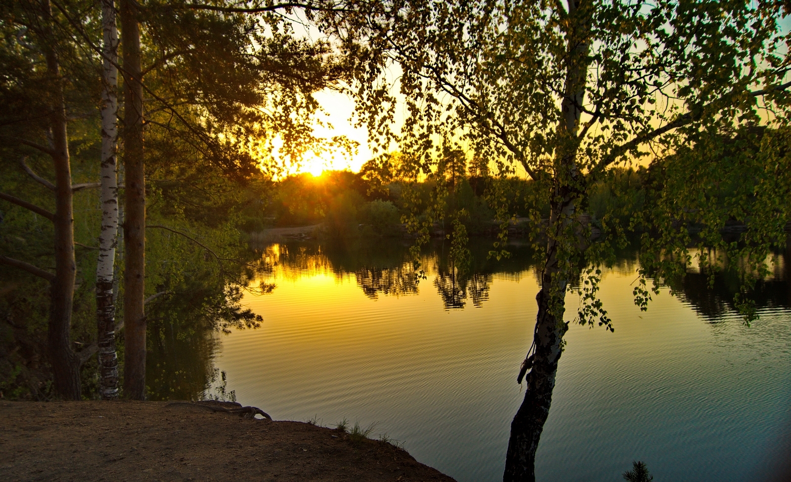 May sunset - Russia, Nature, Lake, Birch, Sunset, beauty