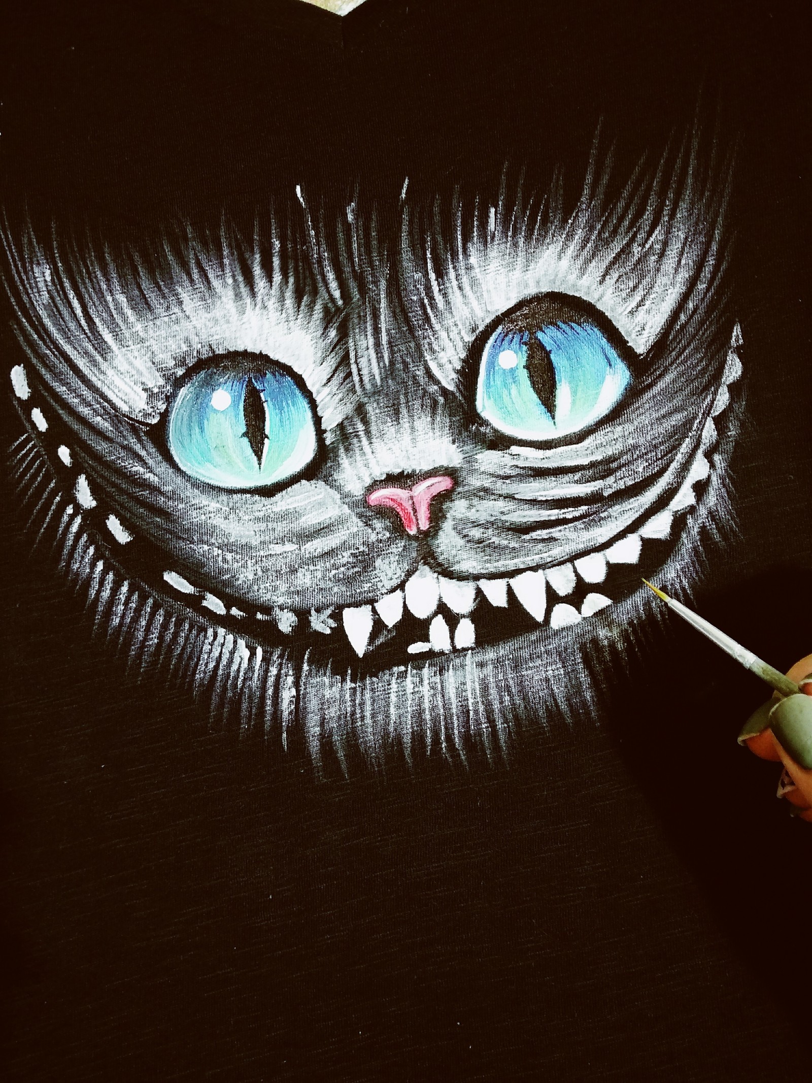 Cheshire Cat - My, Krasnodar, Painting on fabric, Cheshire Cat, Slip-ons, Acrylic, T-shirt, cat, Longpost