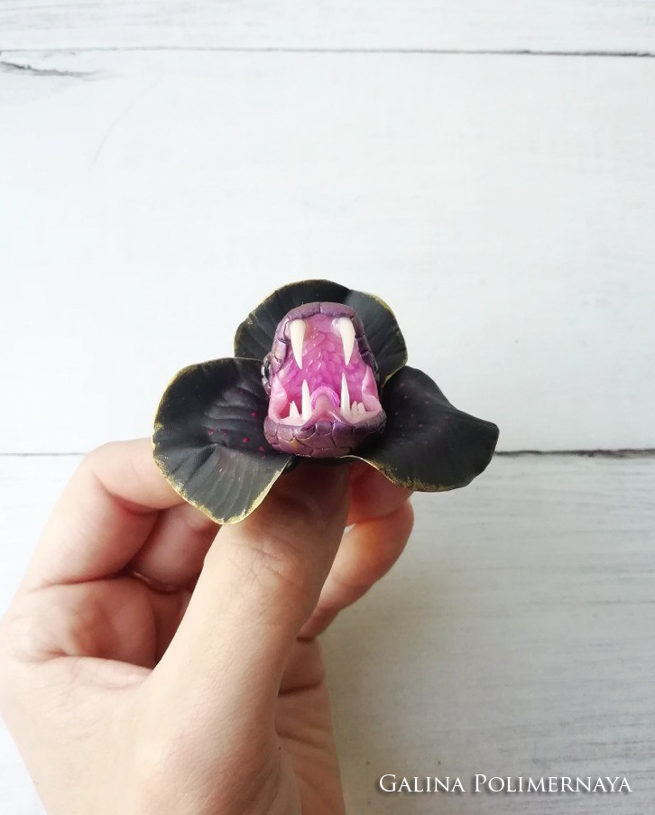 Brooch Snakeflower - My, Snake, Brooch, Polymer clay, Лепка, Handmade, Teeth, To fall, Needlework without process, Longpost