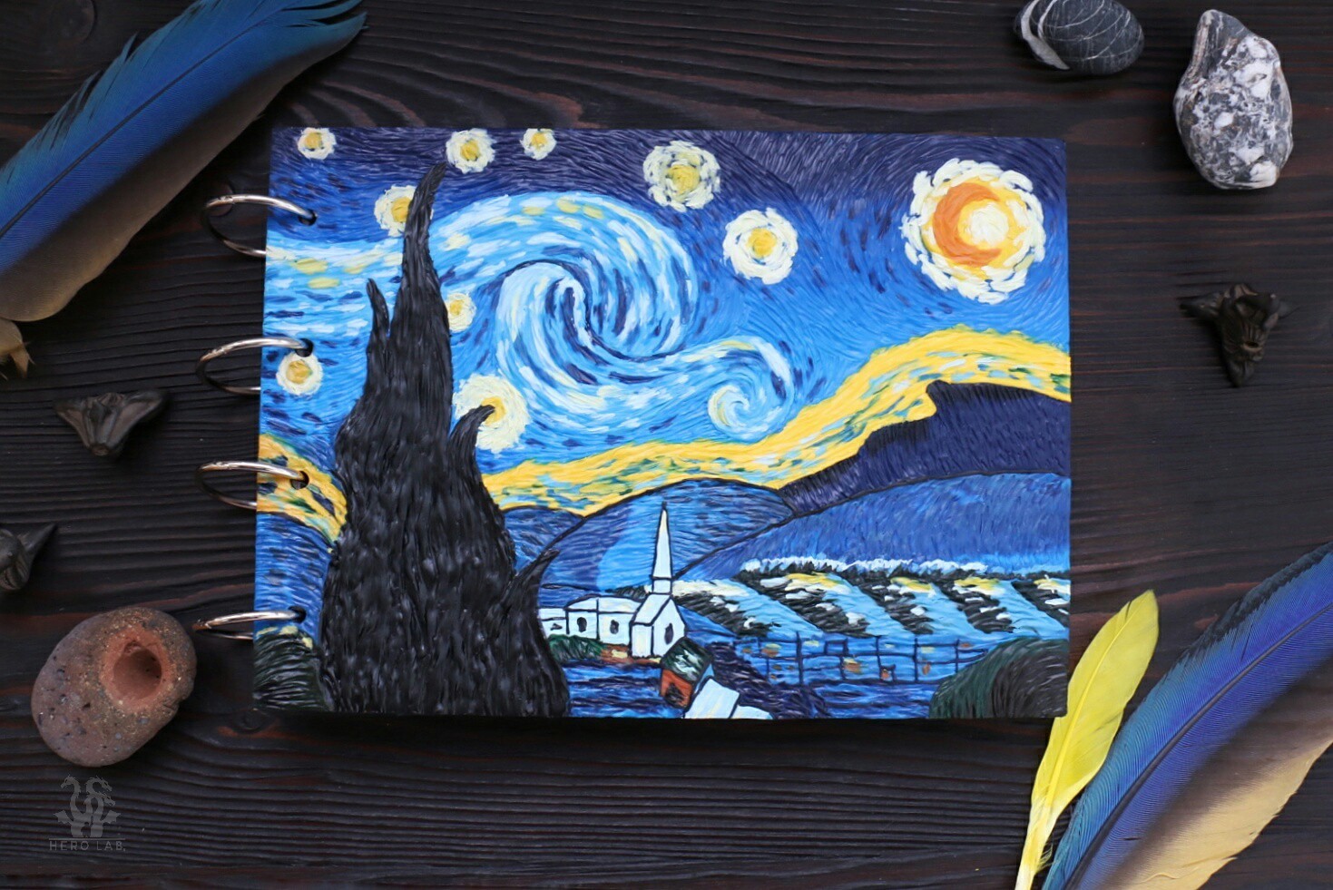 Sketchbook based on Van Gogh's Starry Night - My, My, Needlework without process, Polymer clay, Sketchbook, Painting, van Gogh, Longpost