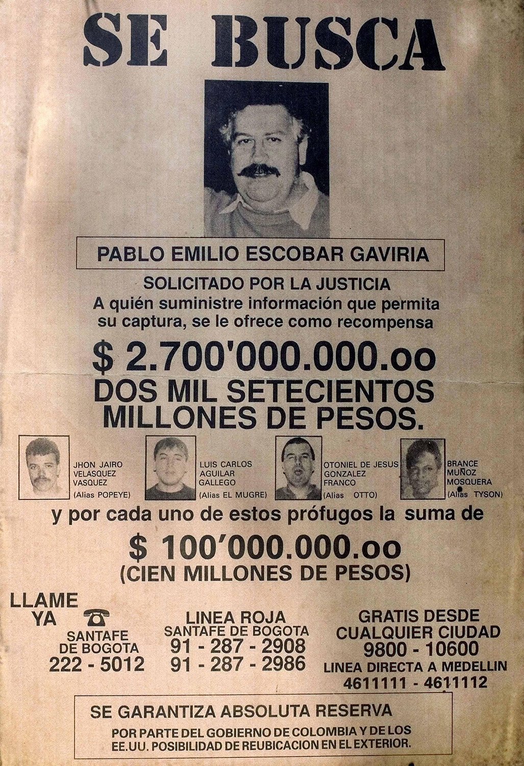 Pablo Emilio Escobar Gaviria - Colombia, Announcement, Drug lords