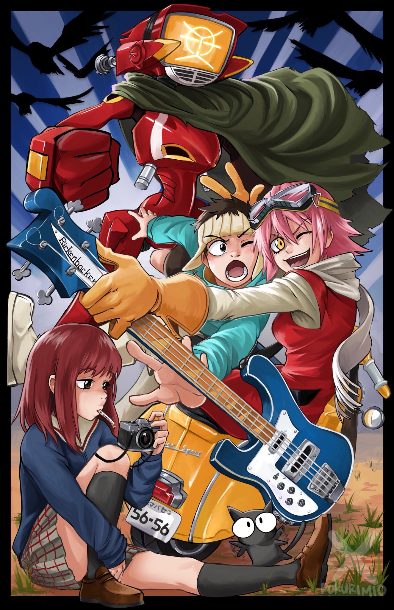 FLCL - Anime Art, Аниме, Flcl, Nandaba Naota, Haruhara Haruko, Takkun, Canti, Pokurimio