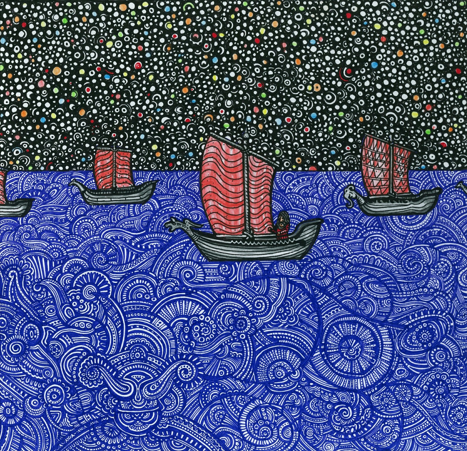 The sea, the wind is resting, the ships, it's been night for a long time - My, Drawing, Art, My