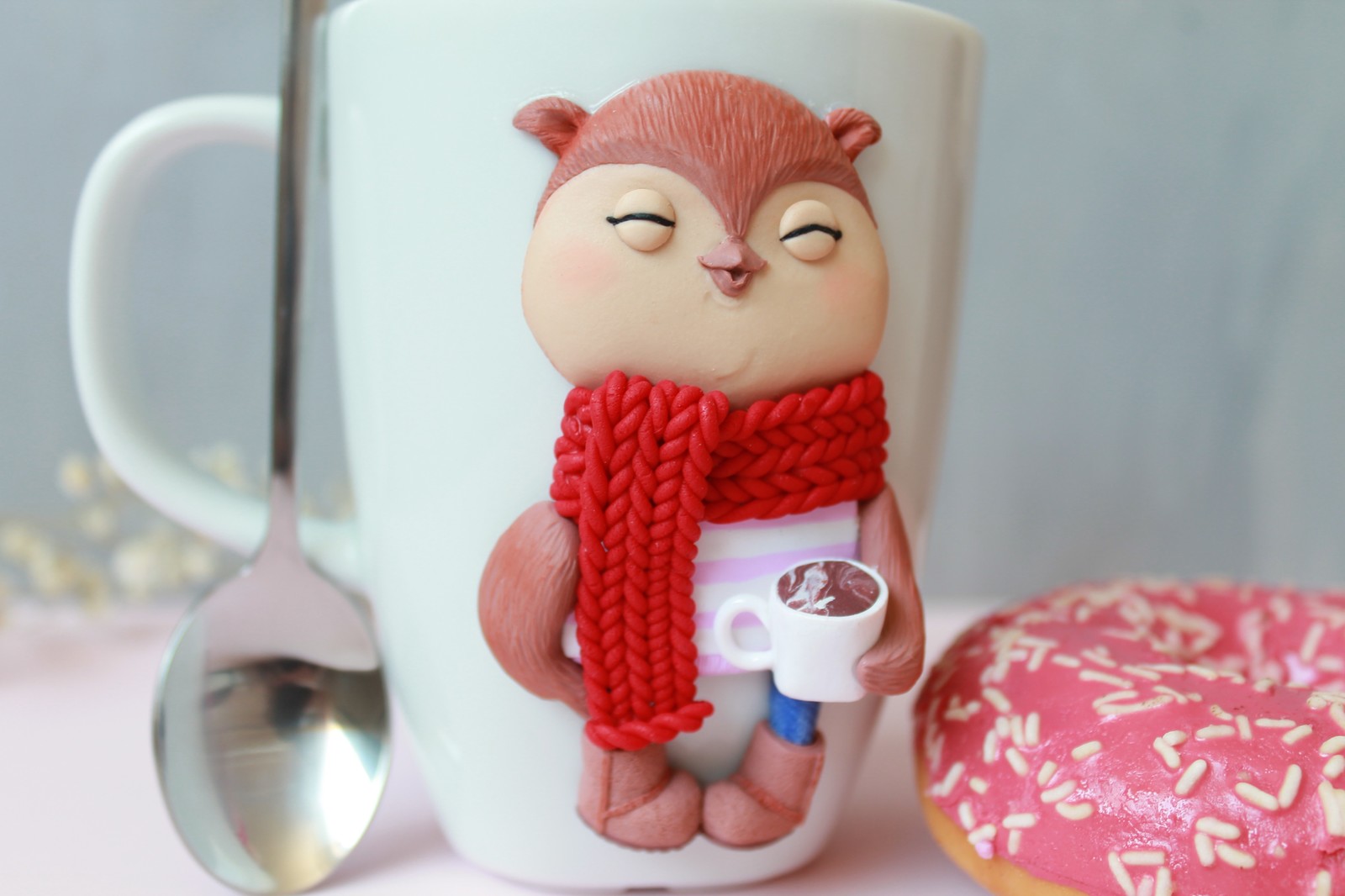 Not only coffee invigorates in the morning... - My, Polymer clay, Mug with decor, Handmade, A spoon, Presents