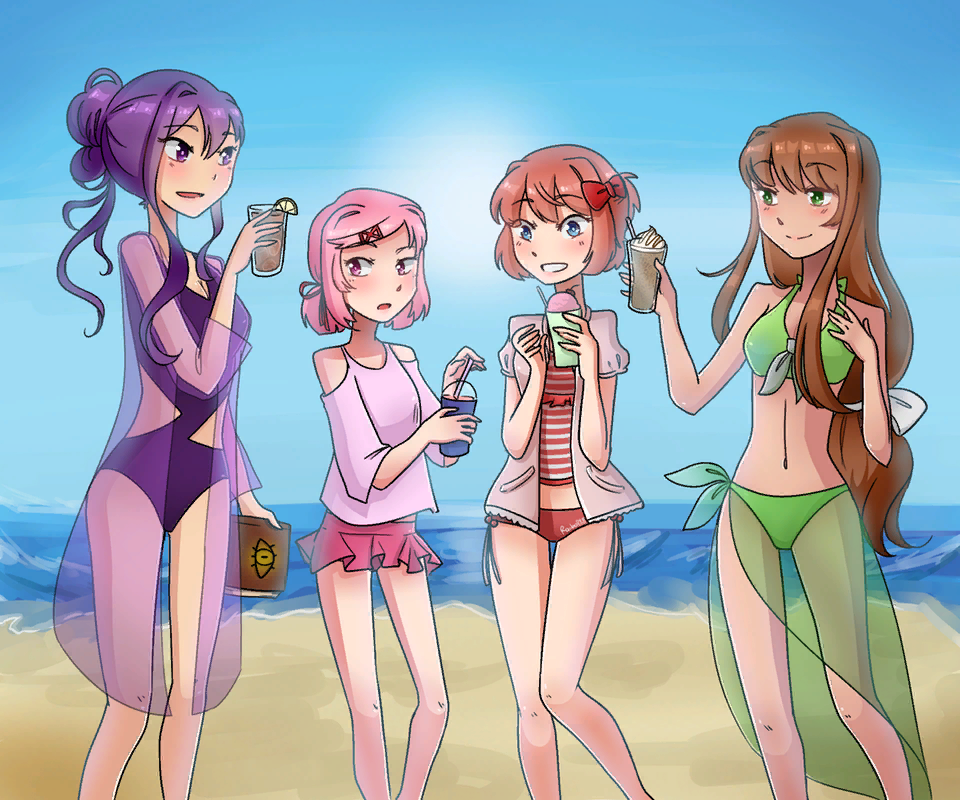 Doki doki beach club - Doki Doki Literature Club, Sayori, Natsuki, Yuri DDLC, Monika, Аниме, Не аниме, Визуальная новелла