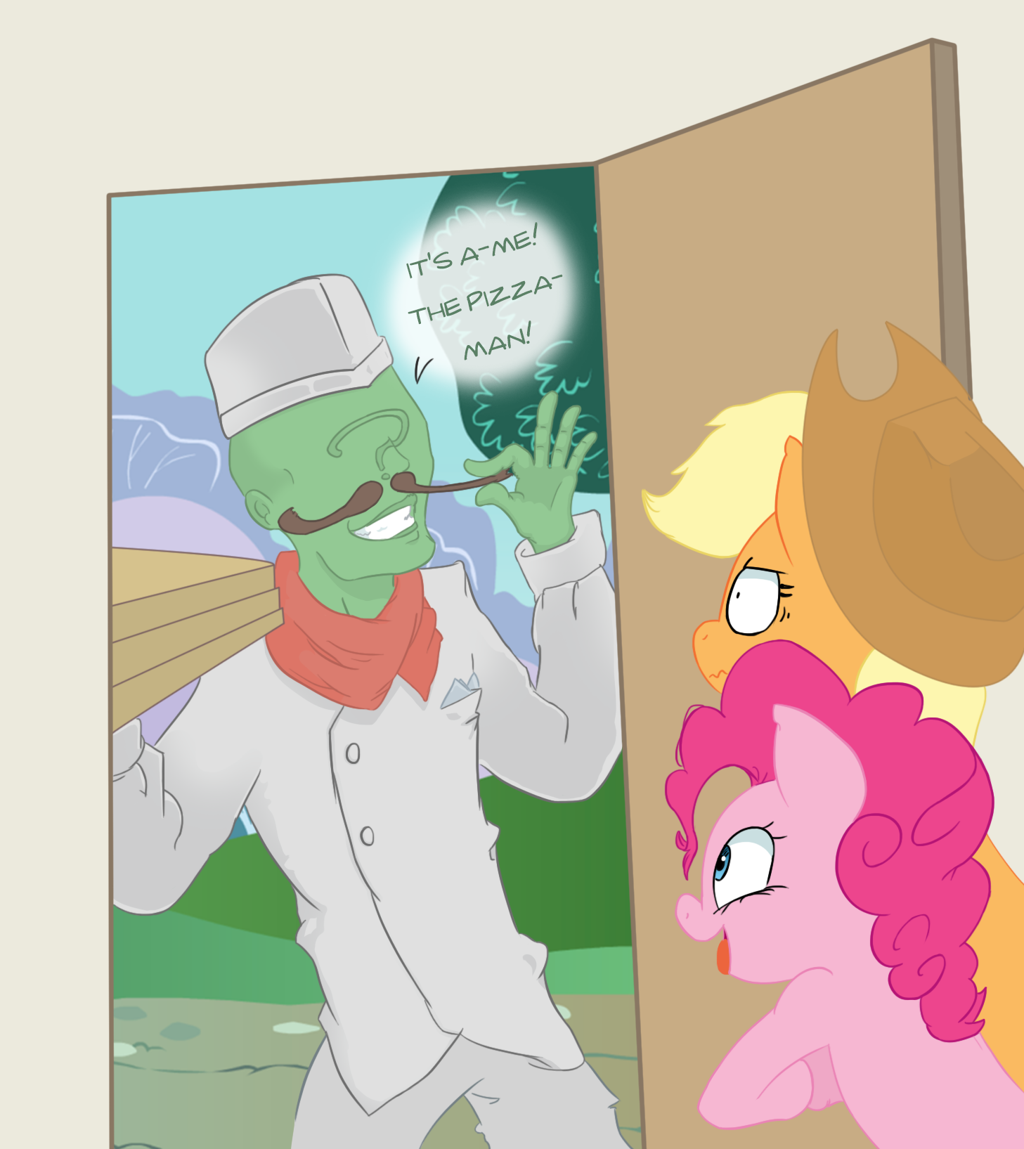 Anon once worked at a pizzeria - My little pony, Anonymous, Anon, Pinkie pie, Applejack, Pizzeria, Pizza, Adequality