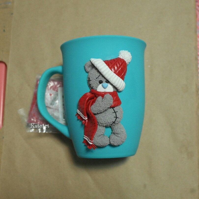 Mug decor - My, Teddy bear, Polymer clay, Needlework with process, Mug with decor, Longpost