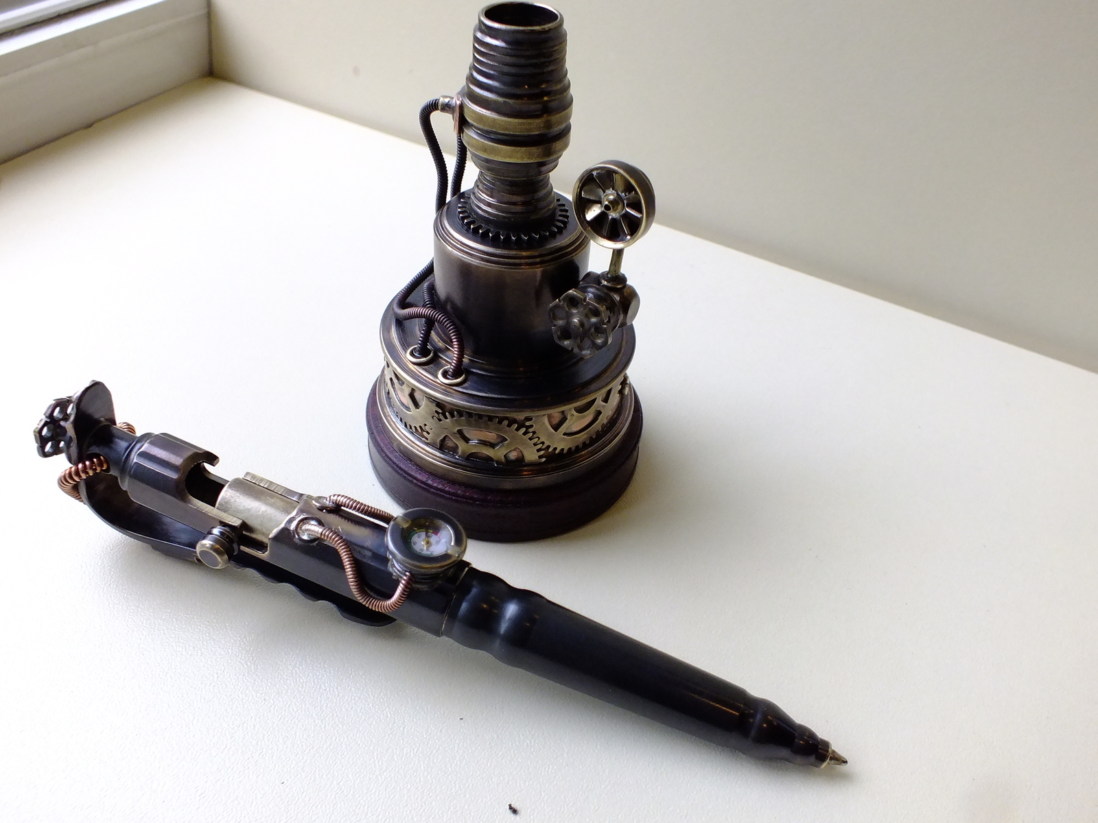 Handle with stand and hiding place for a flash drive - My, Steampunk, Pen, Needlework without process, Stand, Video, Longpost