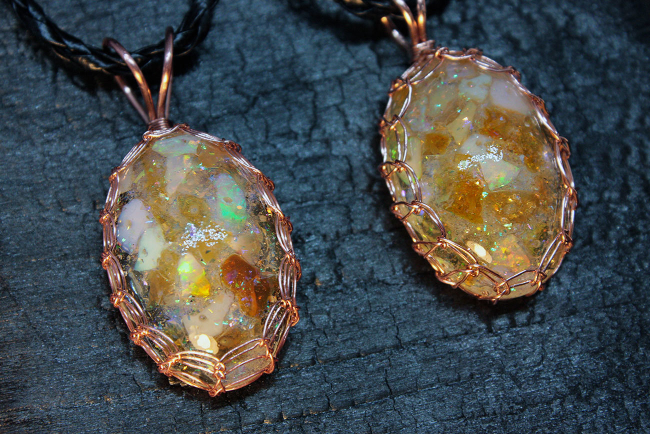 Opals in string bags - My, Needlework without process, Wire wrap, Opal, , Glass, Copper, Copper wire, Pendant, Video, Longpost