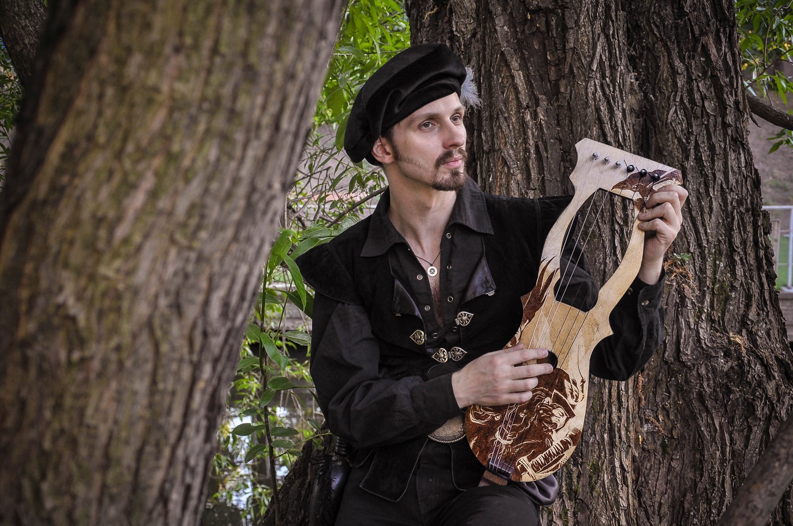 Minstrel with lyre - My, Pyrography, Roleplayers, Musical instruments, Scandinavia, Викинги, Crow, Lyre, Middle Ages, Longpost