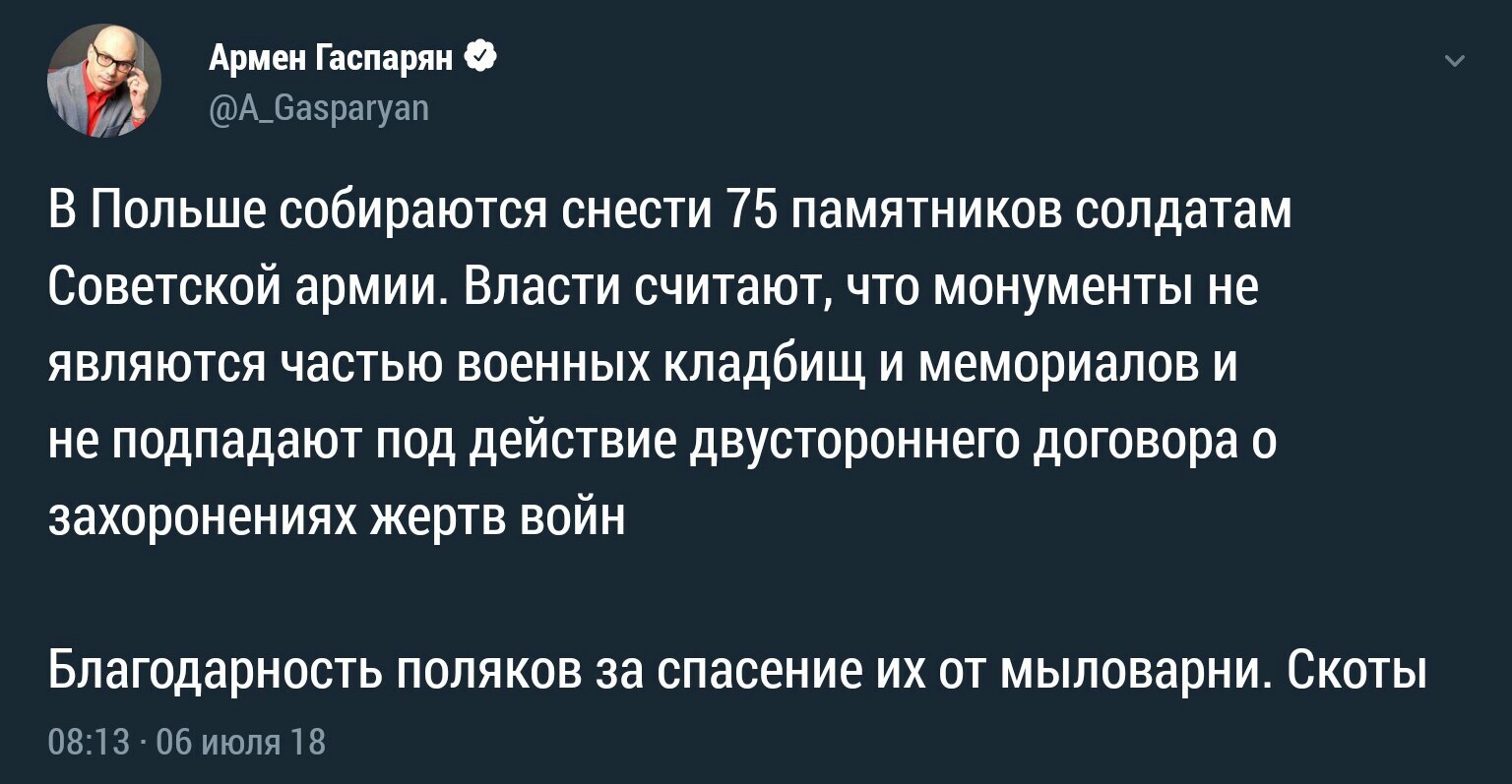 Благодарность за спасение - Политика, Великая Отечественная война, Памятник, Польша, Twitter, Армен Гаспарян