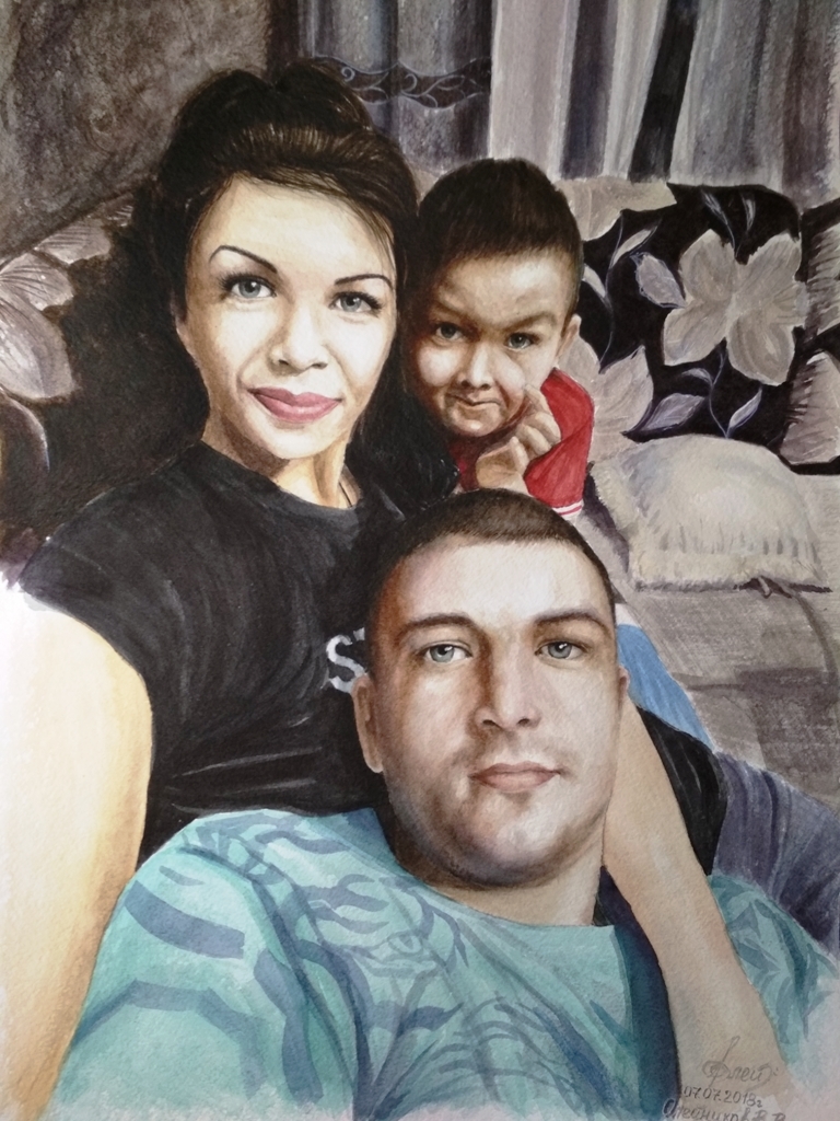 Watercolor portrait - My, Watercolor, Portrait, Portraits of people, Portrait by photo, Longpost, Drawing, Family, Children