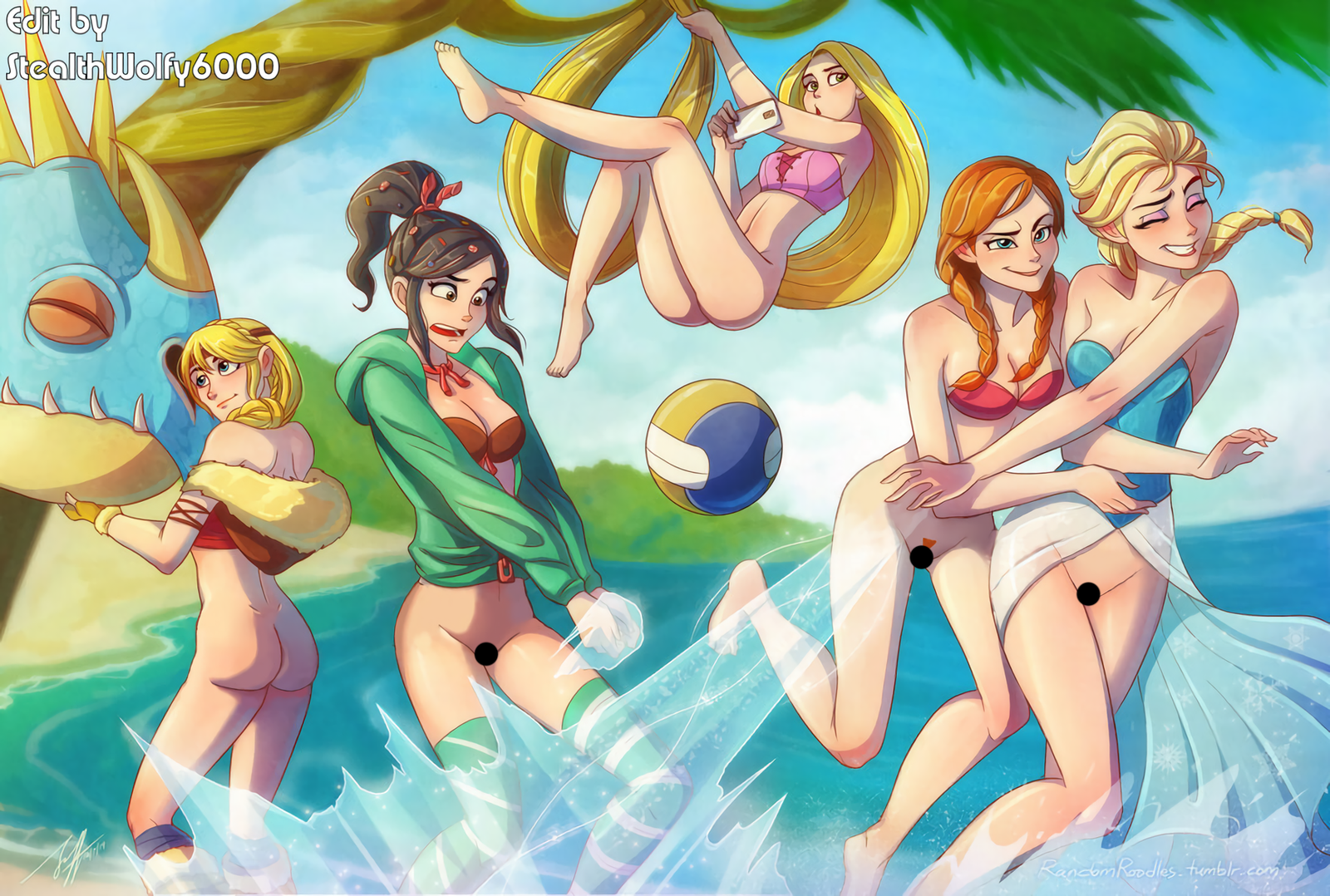 Summer Beach Party II - NSFW, Art, Crossover, How to train your dragon, Ralph, Rapunzel, Cold heart, Longpost, Astrid, Ralph vs the Internet, Vanilla von Keks, , Elsa, Anna, Rapunzel Tangled