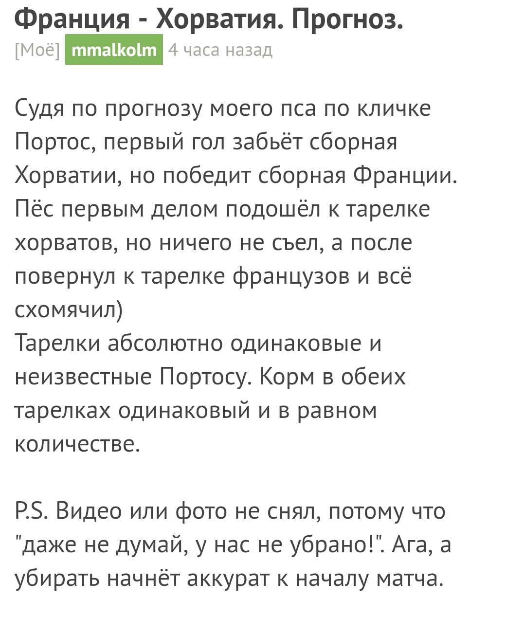 Франция - Хорватия. Результат прогноза. - Моё, Футбол, Чемпионат мира по футболу 2018, Спортивные прогнозы, Прогноз, Оракул, Предсказание, Результат, Длиннопост