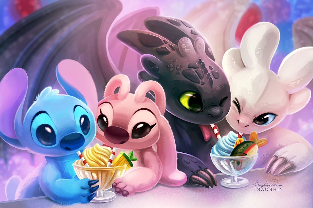 Double date - Art, Lilo and Stitch, Stitch, Angel, How to train your dragon, Toothless, Day Fury, Crossover, , Tsaoshin