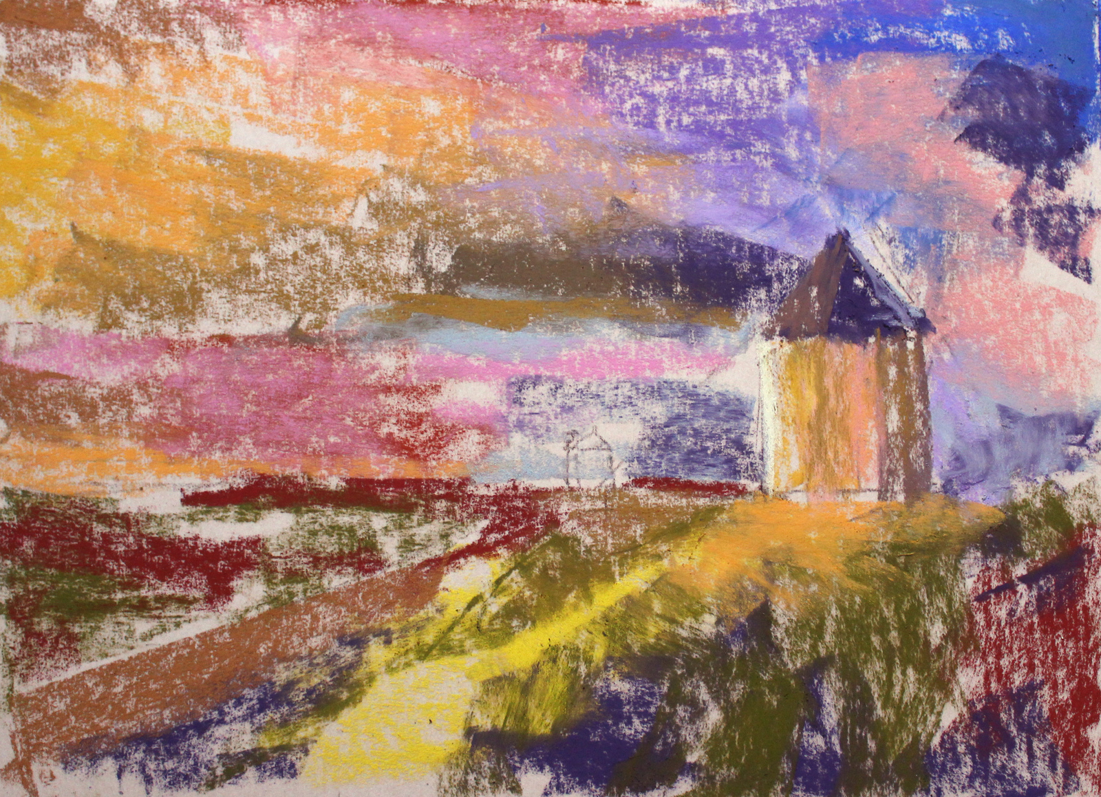 Landscape. Stages of work - My, Landscape, Drawing, Pastel, Sunset, Longpost, beauty, Dry pastel, Mill, Field