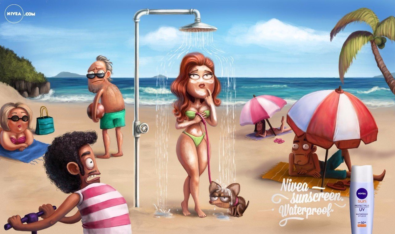 Advertisement for waterproof sunscreen - Marketing, Nivea, Advertising, Beach, Summer, Drawing