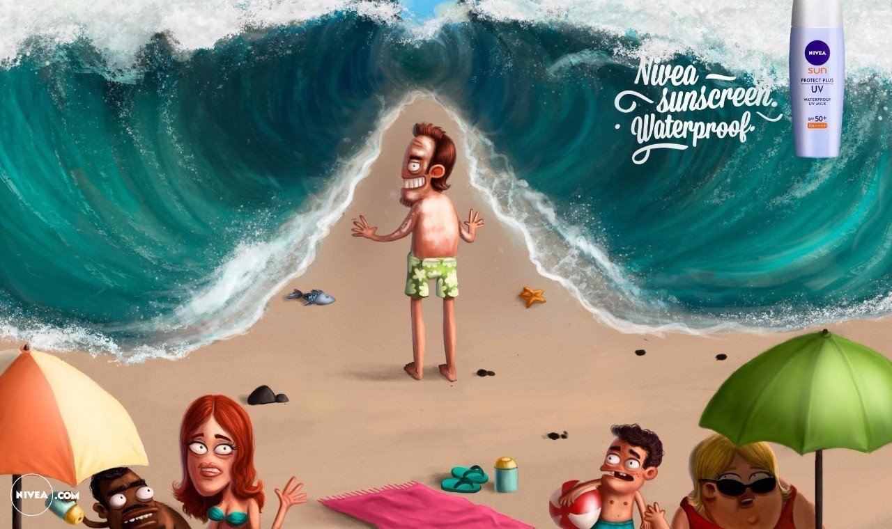 Advertisement for waterproof sunscreen - Marketing, Nivea, Advertising, Beach, Summer, Drawing