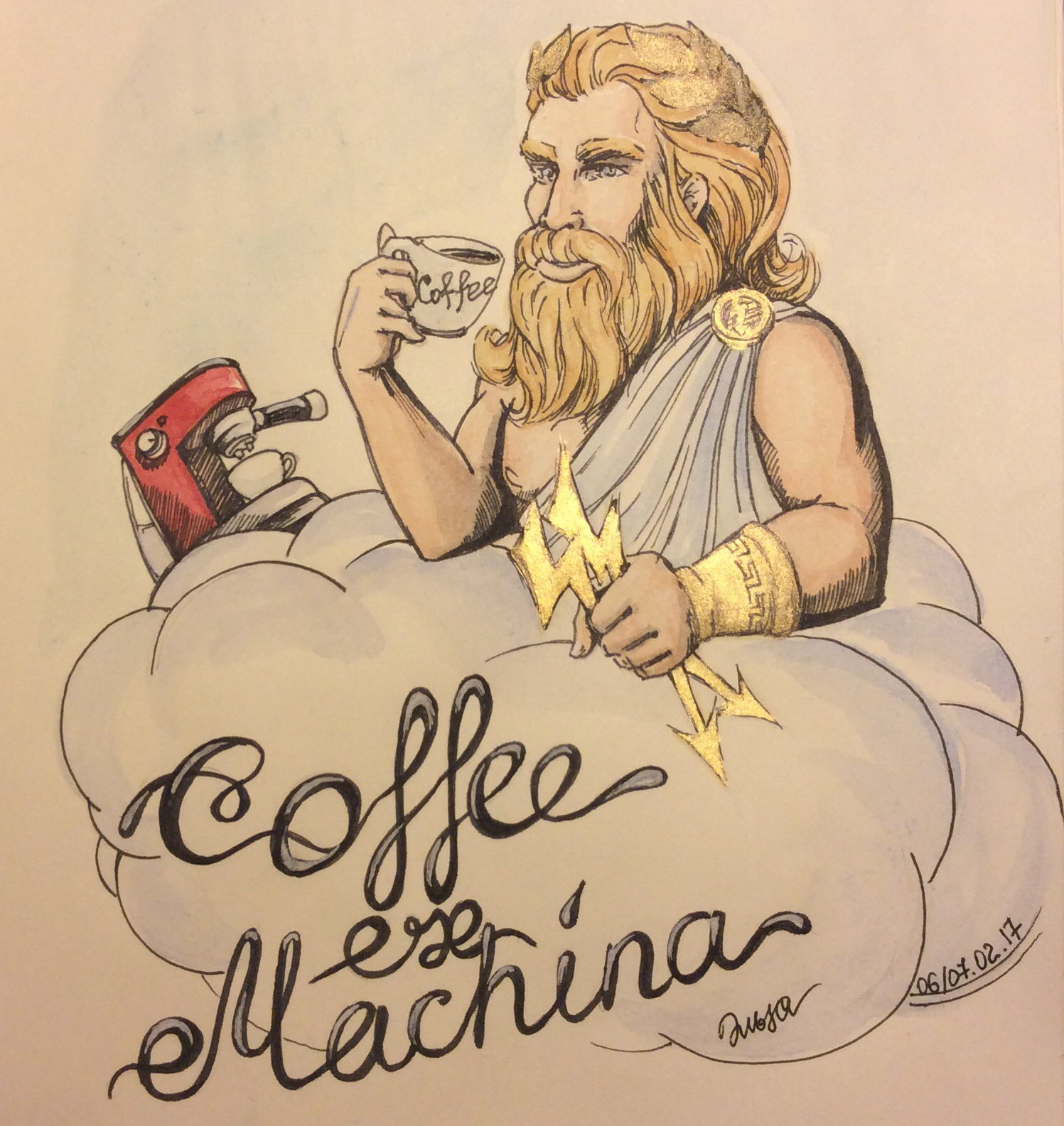 Good morning to those who have morning now) - My, Coffee, Morning, Good morning, Coffee machine, Watercolor, Drawing, Art