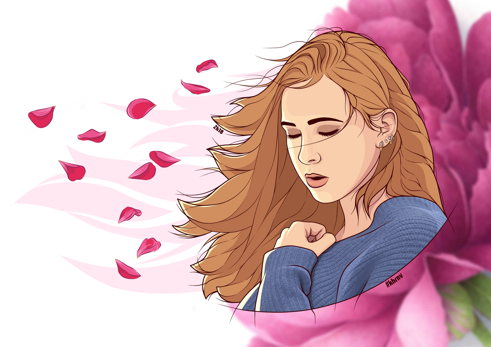 computer art - My, Art, Drawing, Digital drawing, Girls, Portrait, Petals, Flowers