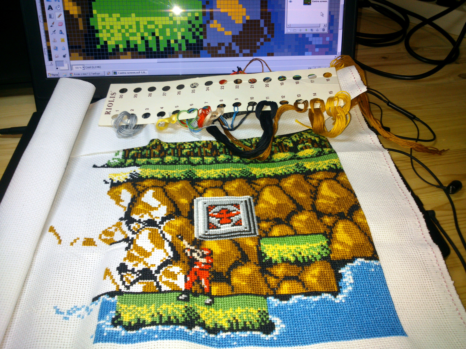 Contra Konami embroidery (part 1) - My, Contra, Cross-stitch, Needlework with process, Needlework, Longpost