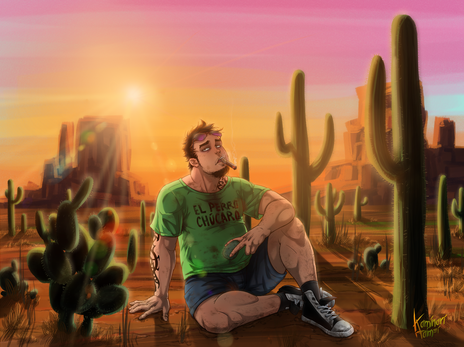 In search of a good cactus - My, , Mexico, Digital drawing, Art, Cactus, Kaminari Taimei, Desert, Drawing