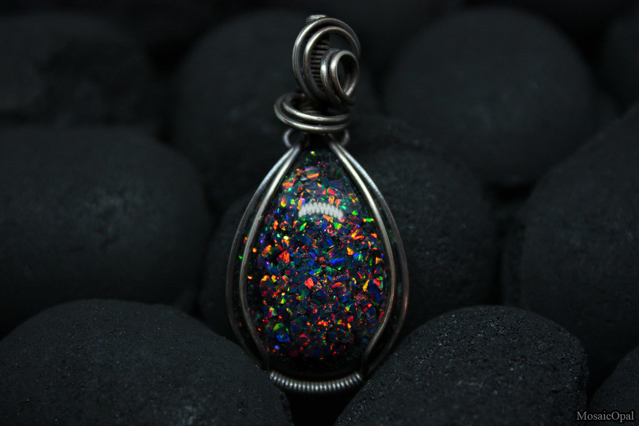 black splatter - My, Needlework without process, German silver, Opal, Wire wrap, Pendant, Epoxy resin, Wire, Laboratory opal, Longpost