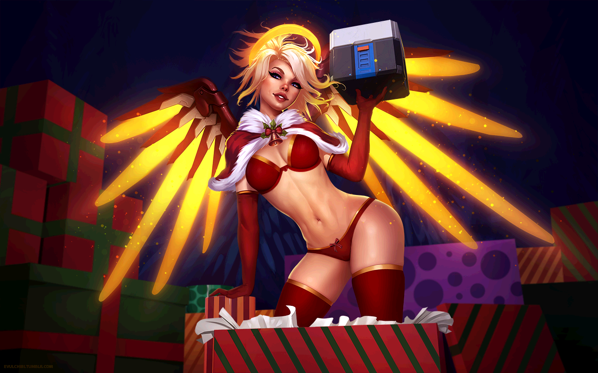 Mercy's New Year's gift - NSFW, Overwatch, Evulchibi, Mercy, Game art, Art, New Year, Hand-drawn erotica, Erotic