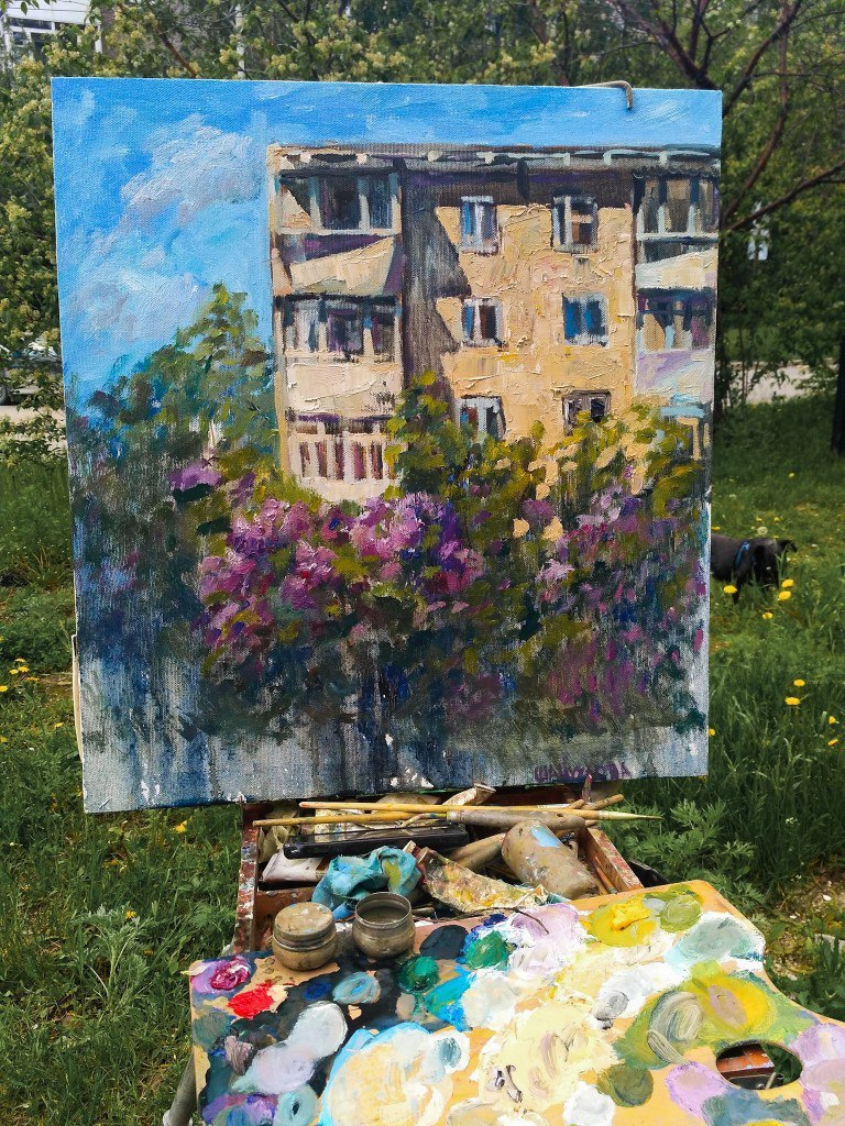 Lilac inspiration - My, Yekaterinburg, Painting, Lilac, , Drawing, Oil painting, Courtyard, Panel house