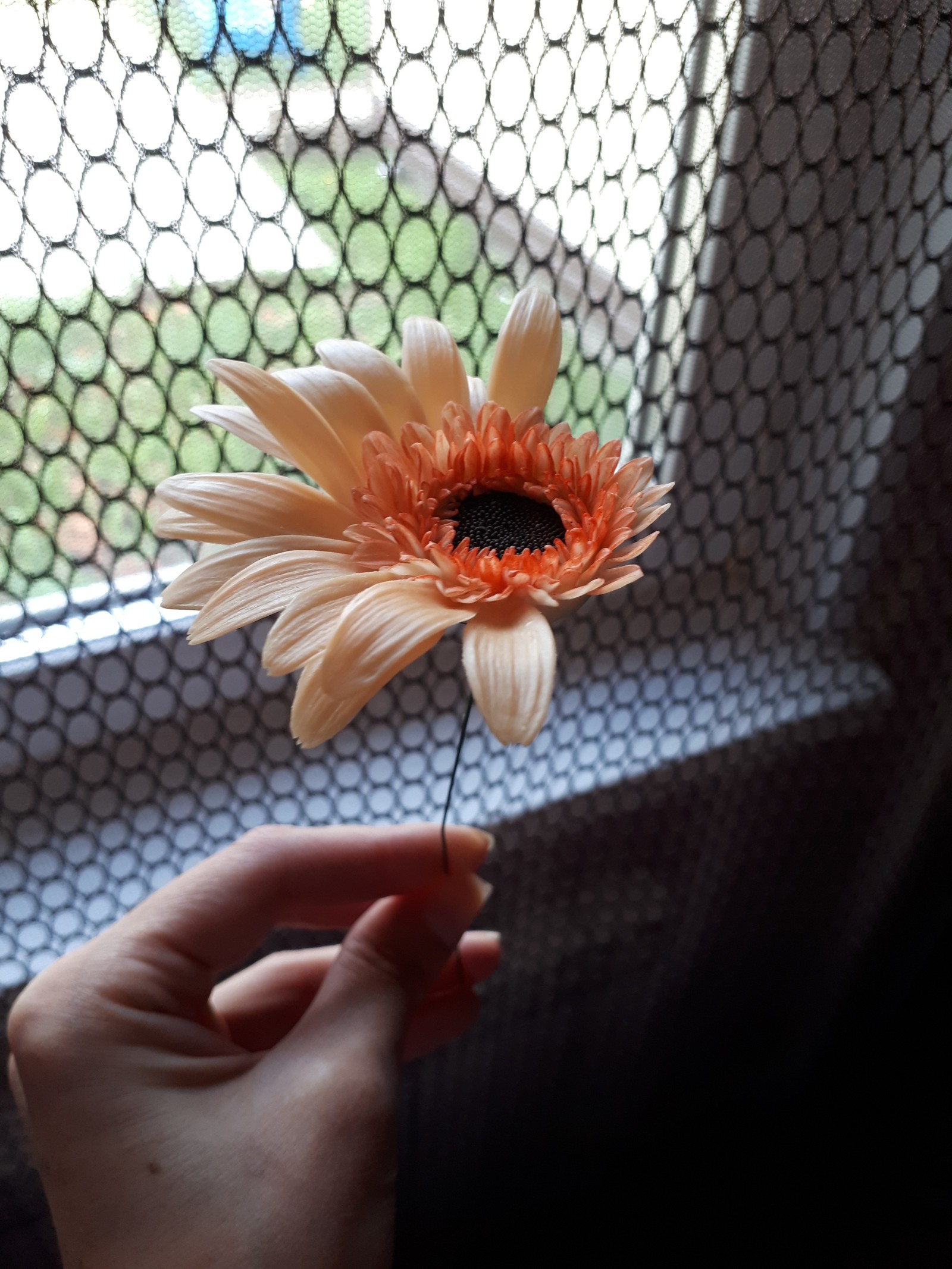 Orange handmade gerbera - My, Gerberas, Polymer clay, Needlework with process, Cold porcelain, Flowers, Longpost