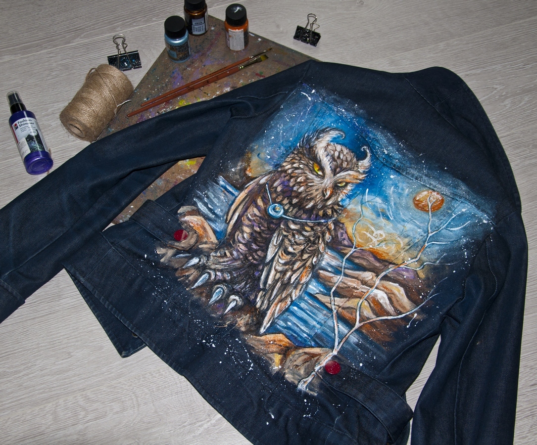 Painting a denim jacket - My, Jacket, Denim, , Painting on fabric, Owl, Longpost