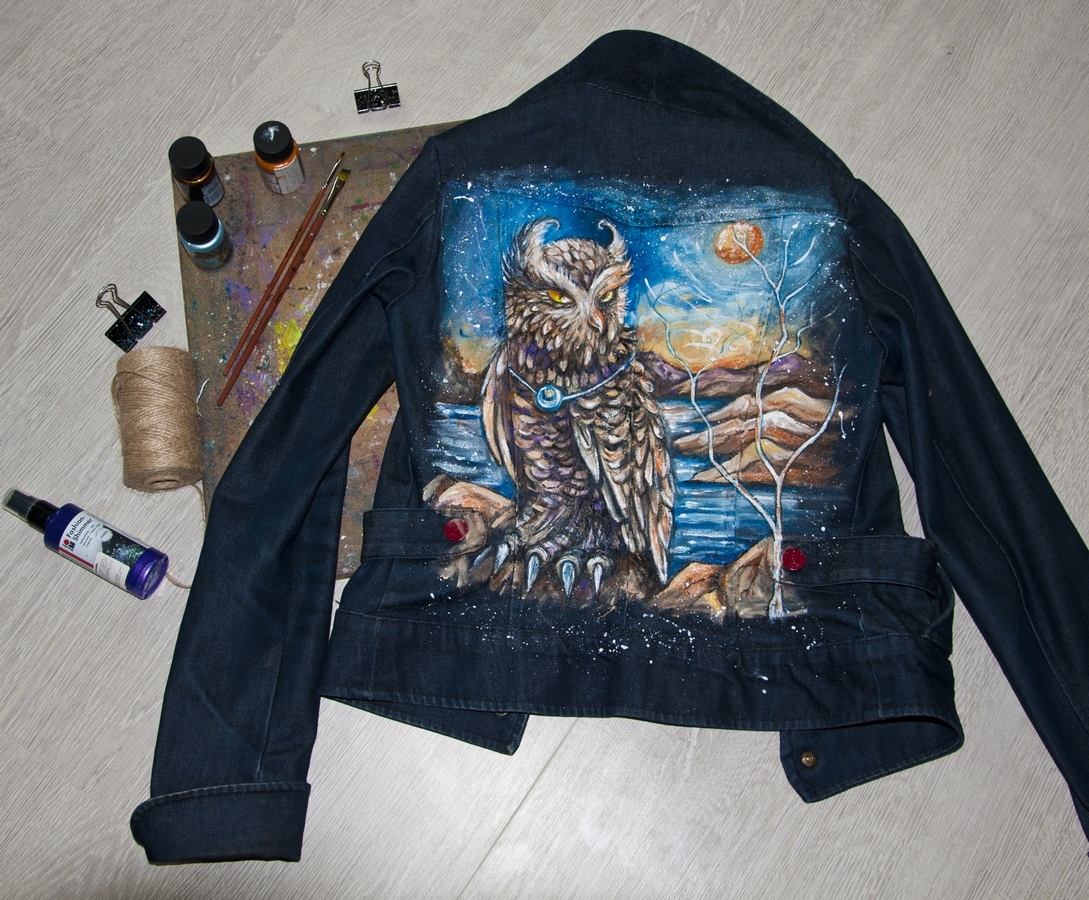 Painting a denim jacket - My, Jacket, Denim, , Painting on fabric, Owl, Longpost