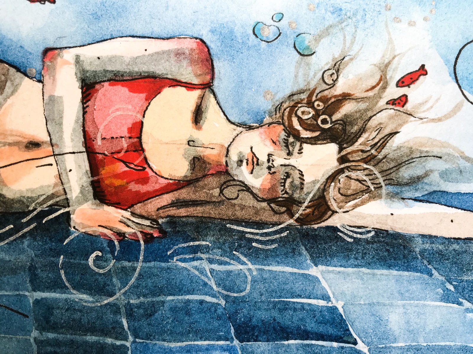 Release the air and sink to the bottom - My, Drawing, Water, Swimming pool, Watercolor, Longpost, Girls