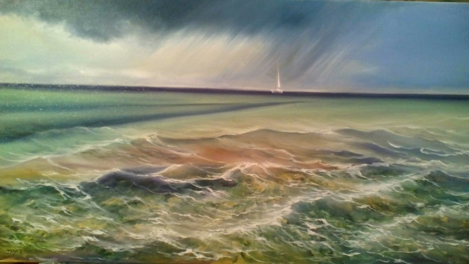 Rain on the horizon. My picture - My, Painting, Oil painting, Painting, Creation, Sea, Ship