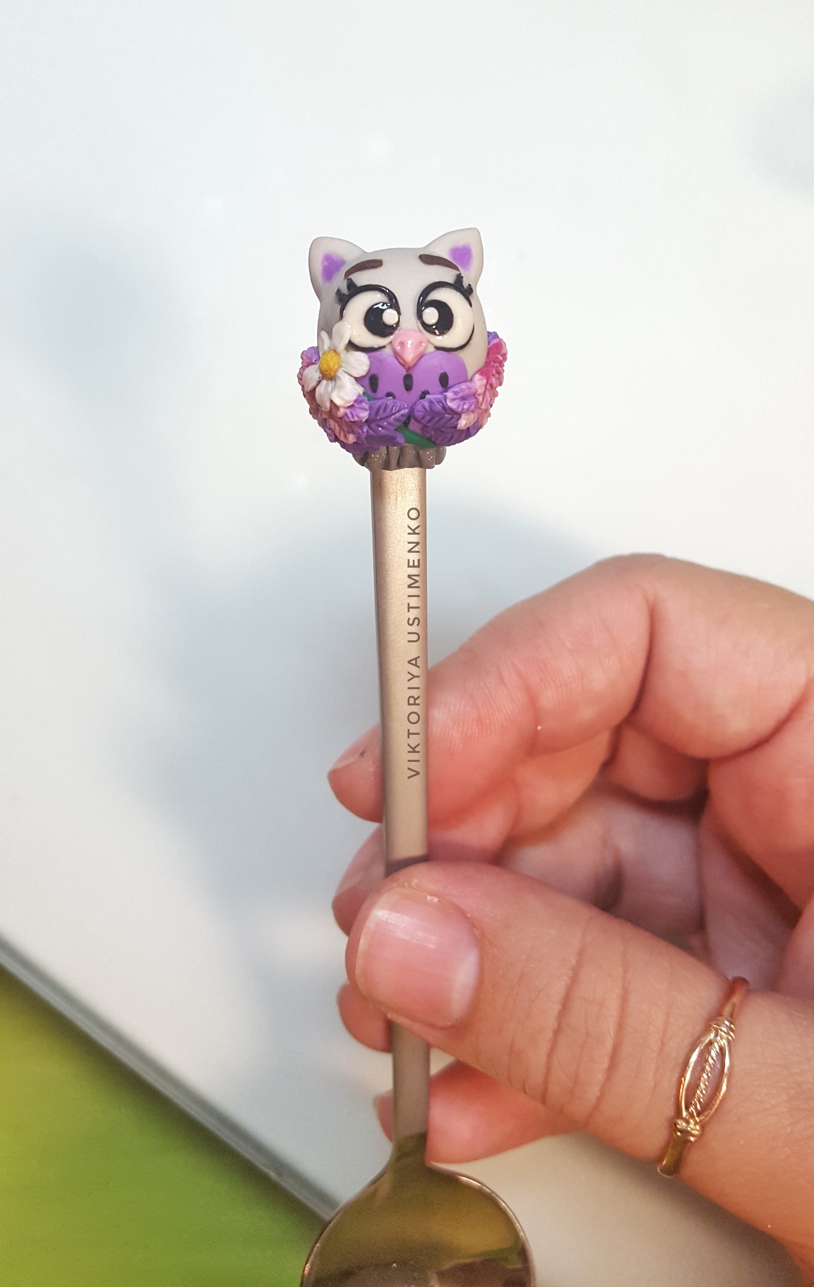 Spoon owl - My, Polymer clay, Creation, Handmade, Teaspoon, Longpost