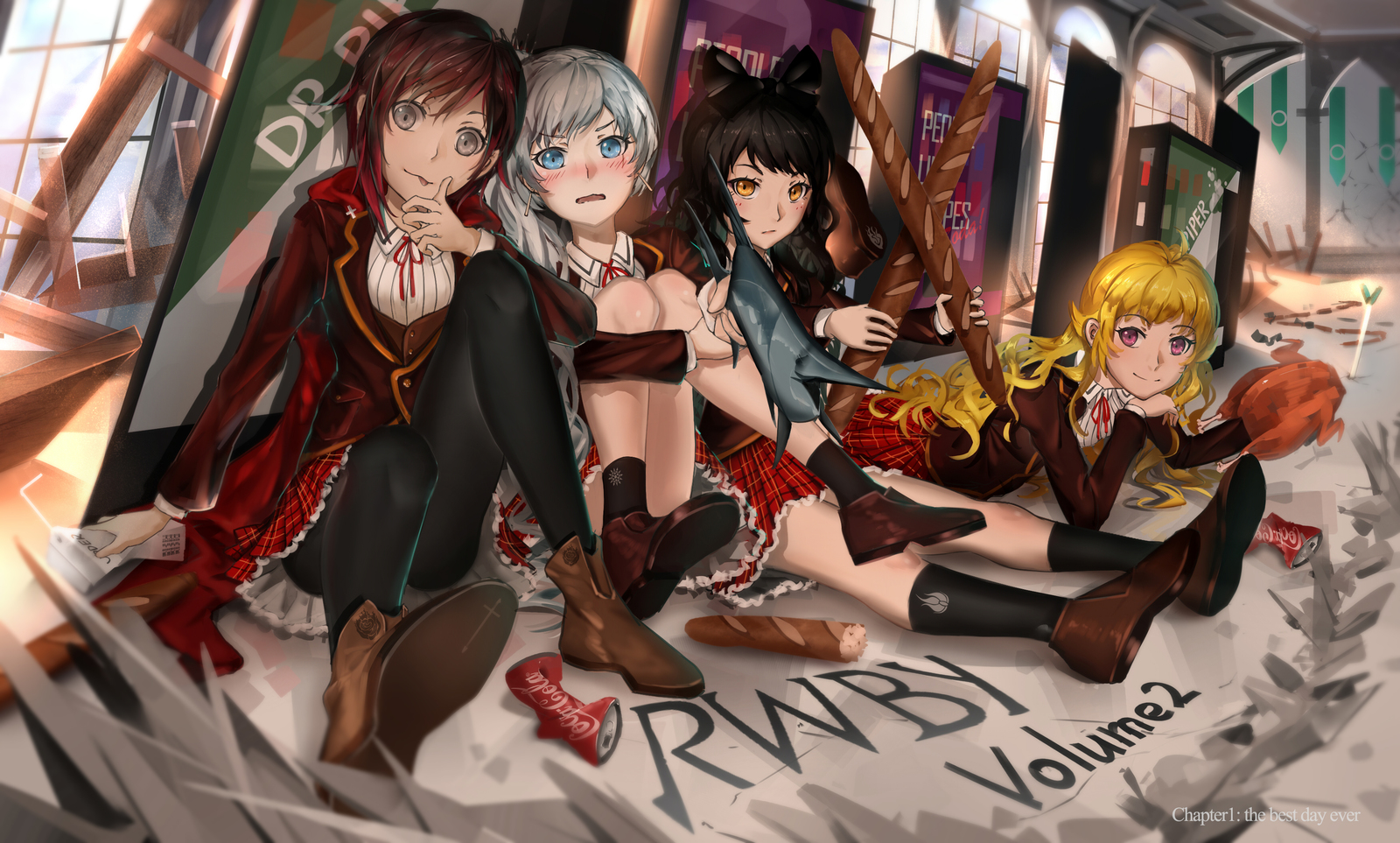 После битвы в буфете. - RWBY, Ruby Rose, Weiss Schnee, Yang Xiao Long, Blake Belladonna, Аниме, Не аниме, Арт