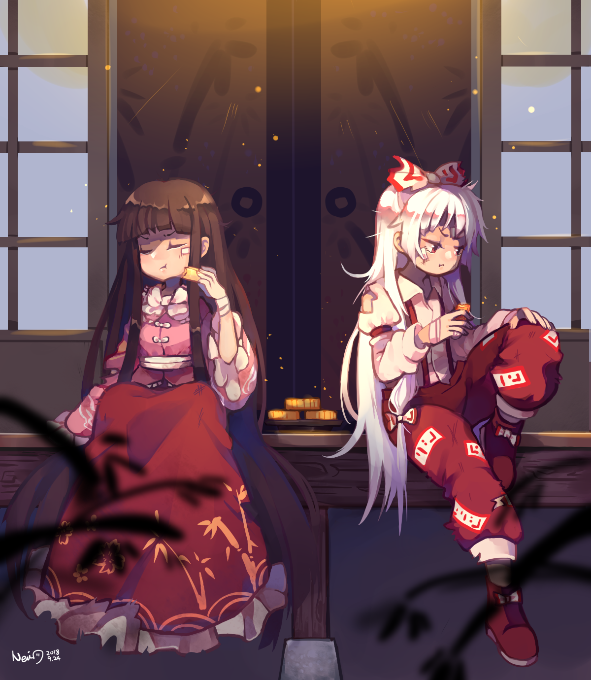 Mokou & Kaguya - Touhou, Anime Art, Аниме, Не аниме, Fujiwara No Mokou, Houraisan Kaguya, Neico